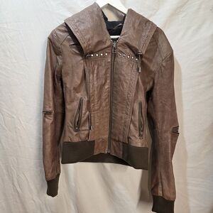 Danier Sz Small Brown Leather Studded Bomber Style Jacket With Wide Hood
